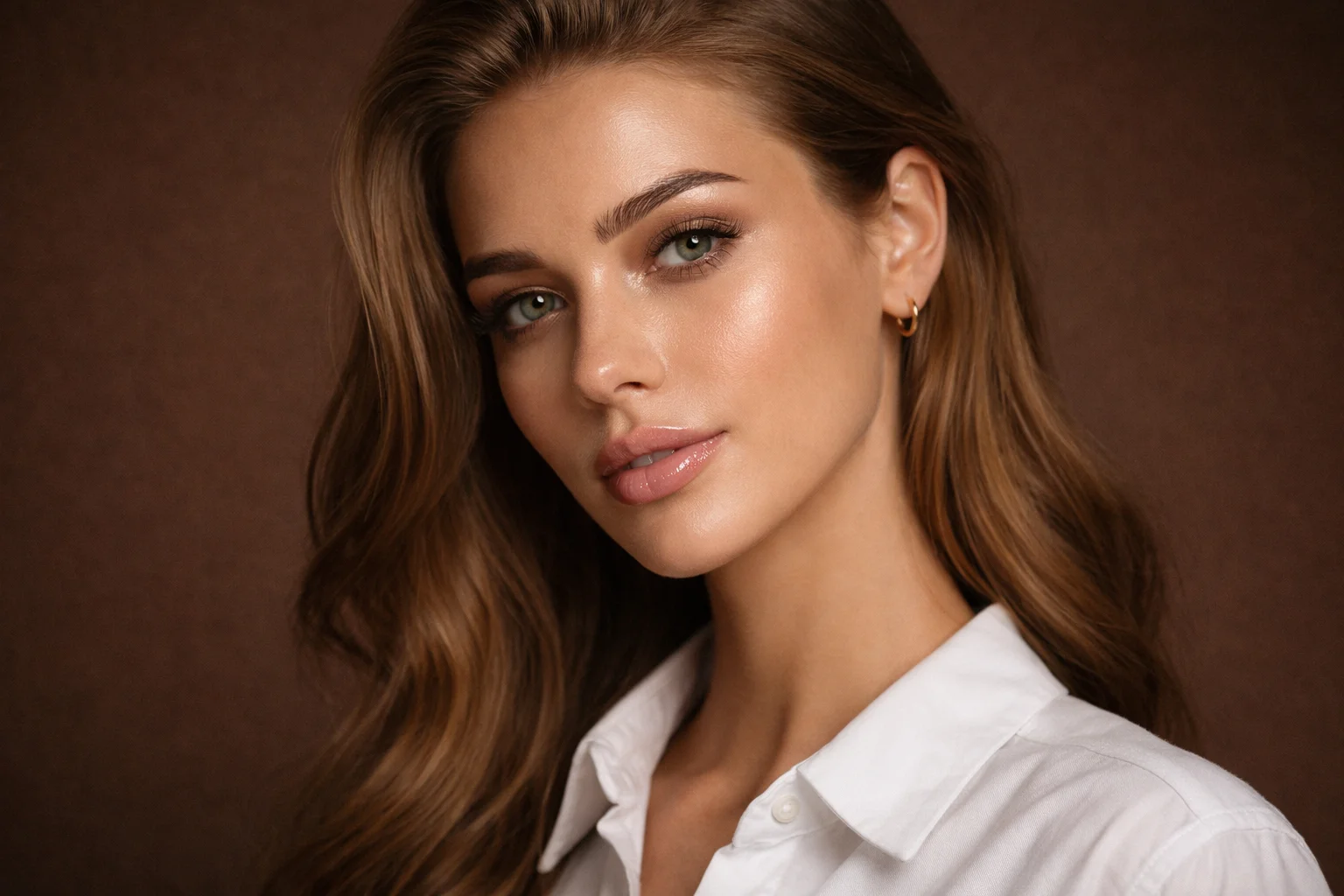 Woman with wavy hair and hoop earrings in white shirt.