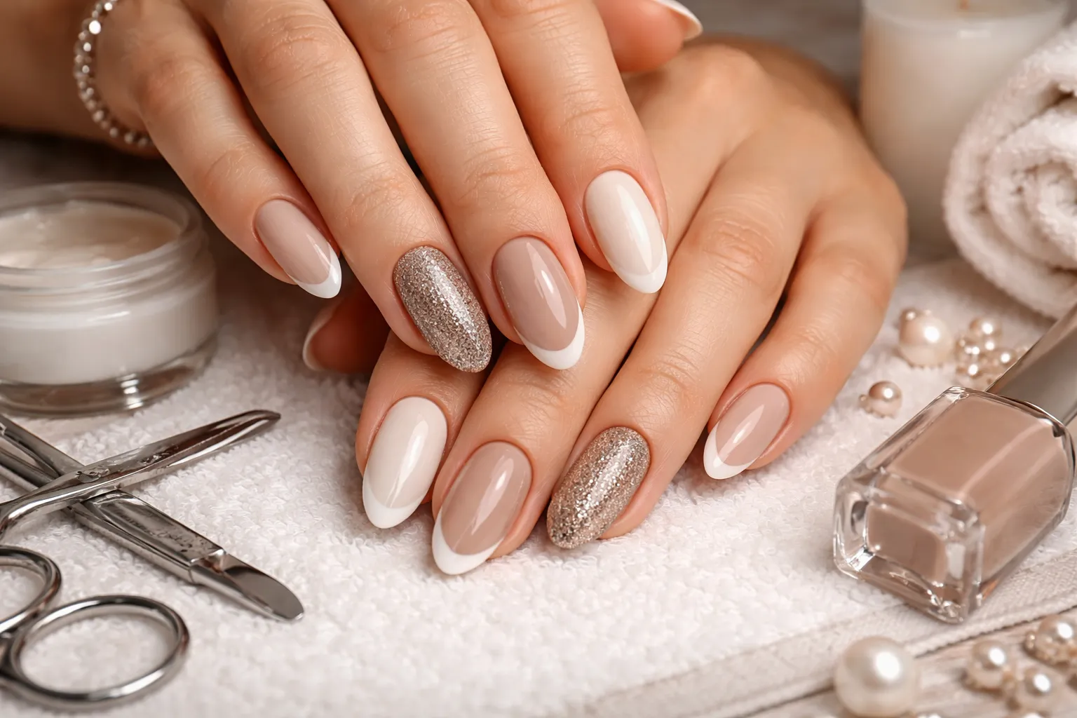 French manicured nails with glitter accents, nail tools, and polish.
