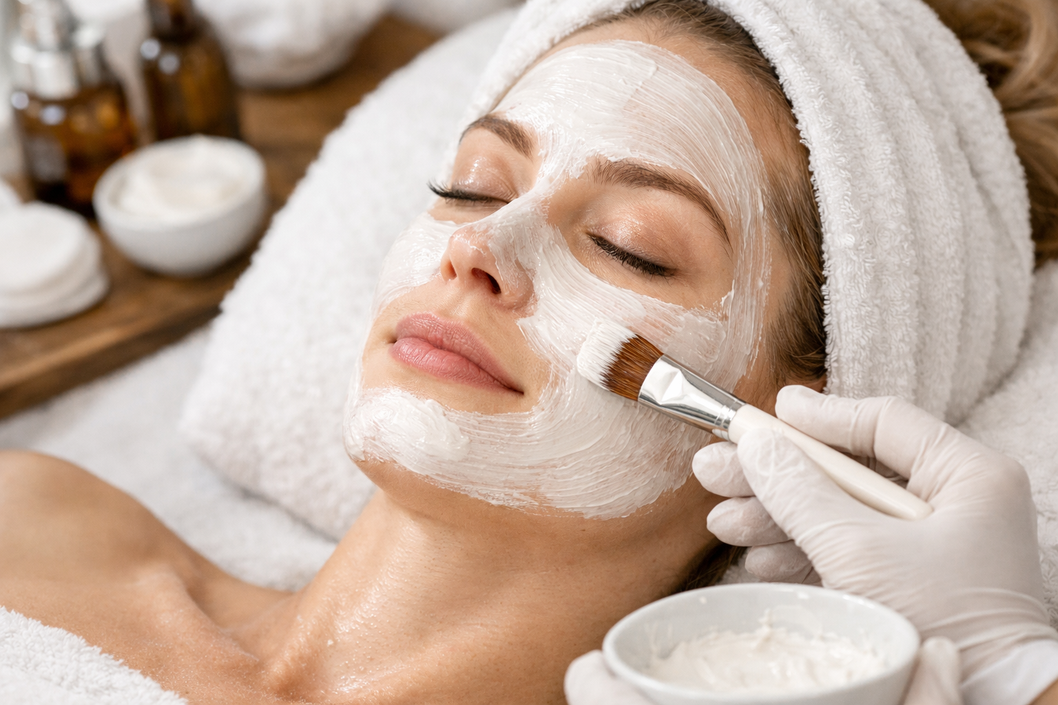 Applying white facial mask with a brush at a spa.