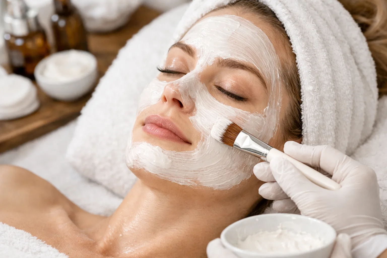 Applying white facial mask with a brush at a spa.