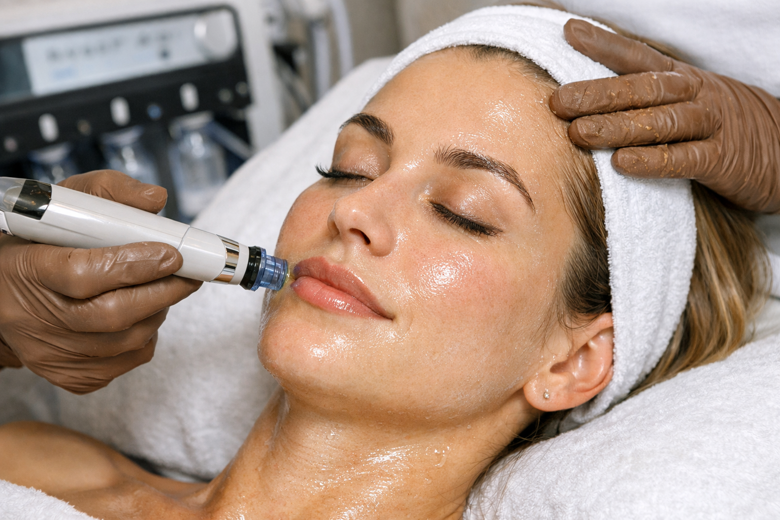 Facial treatment with a device at Skin Lounge Med Spa.