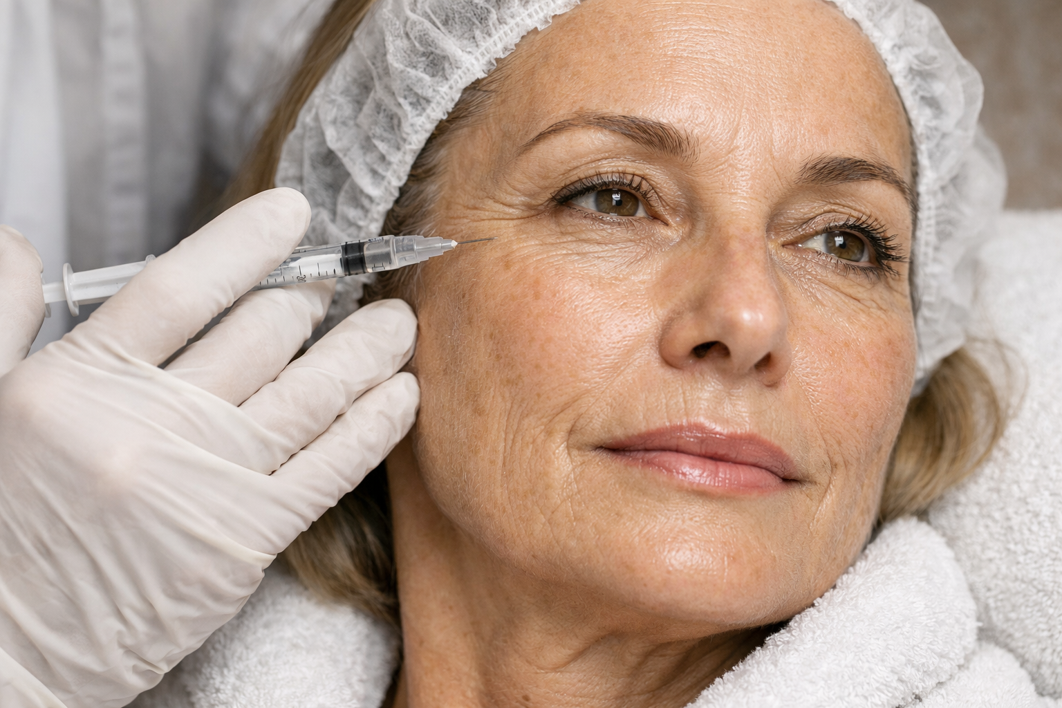 Woman receives injection near eye at Skin Lounge Med Spa.