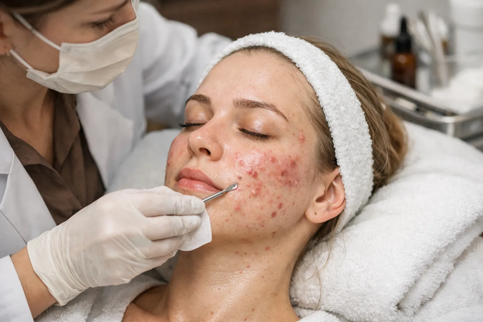 Skilled aesthetician performing facial extraction at Skin Lounge Med Spa.