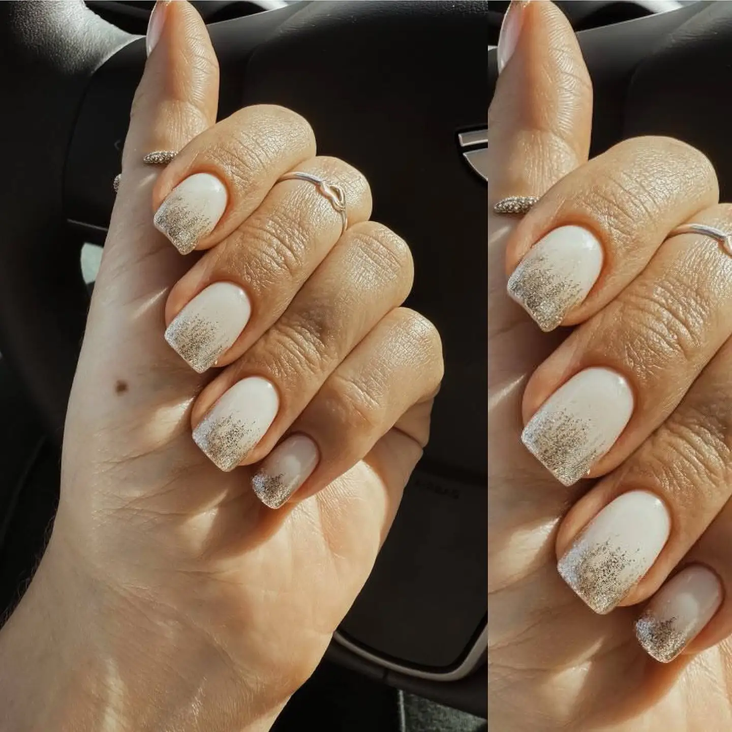 White nails with glitter ombre at the tips, rings on fingers.