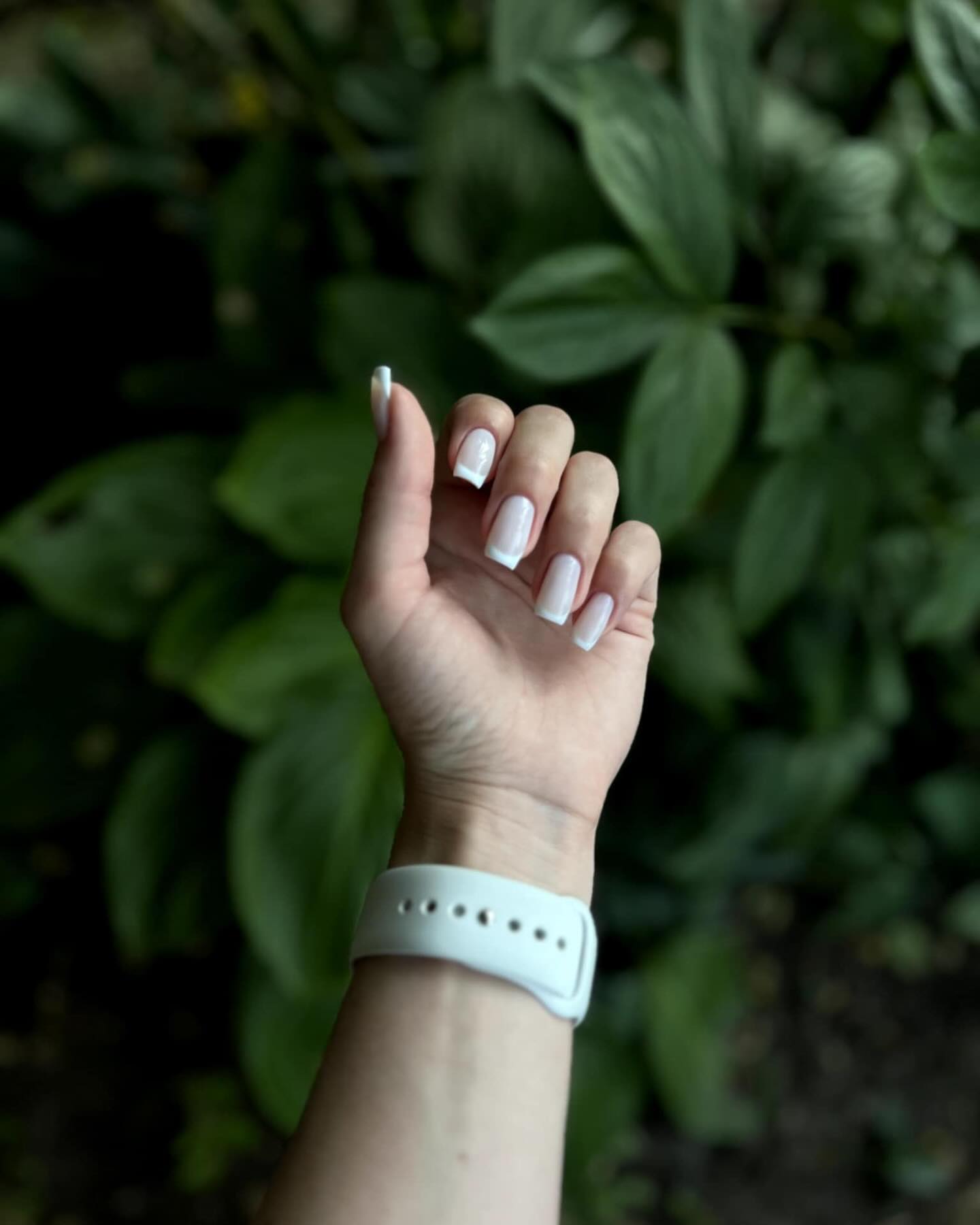 Hand with French manicured nails and white watch band.