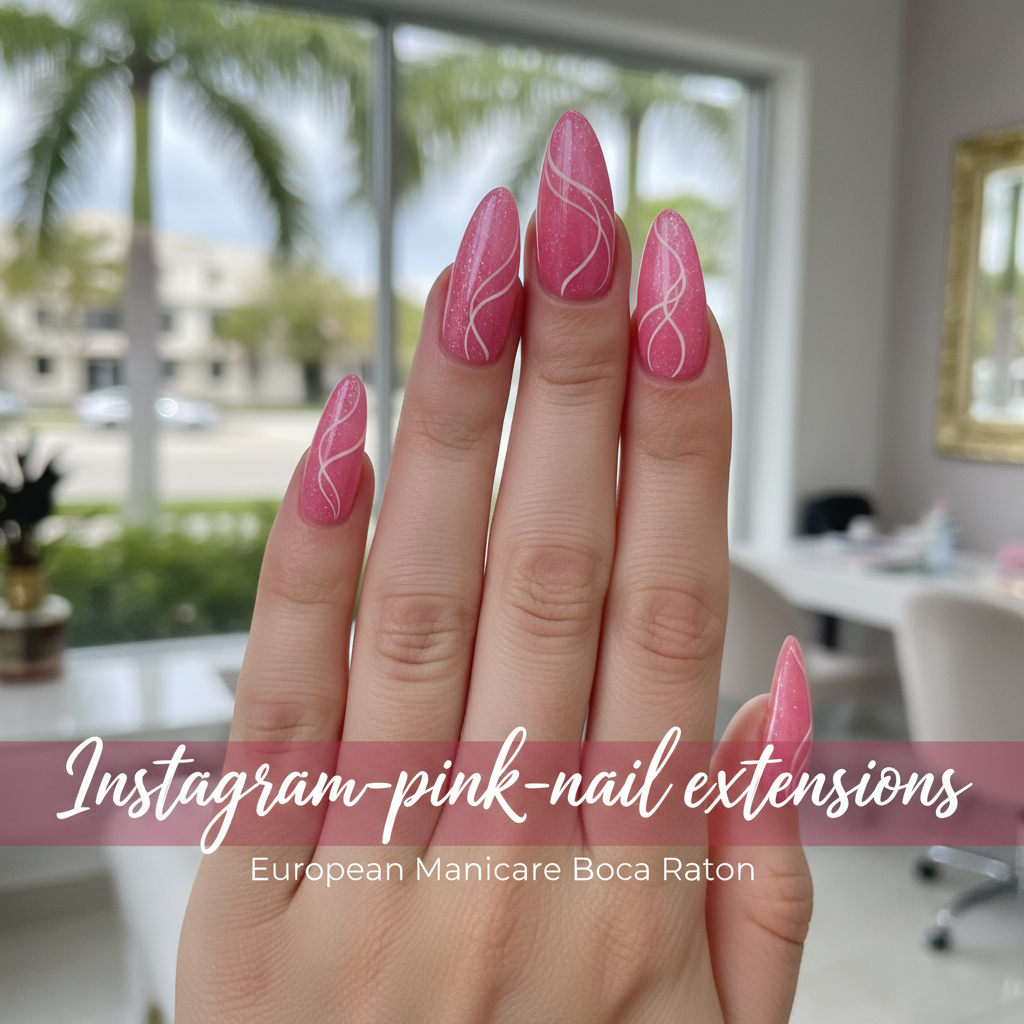A professional thumbnail for a video titled 'instagram-pink-nail-extensions' showcasing a luxurious European manicure at Skin Lounge Med Spa in Boca Raton.