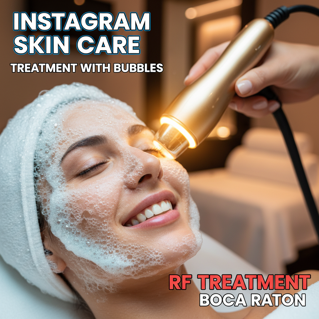 Alt text: A professional video thumbnail for our RF Radiofrequency skin treatment in Boca Raton, showcasing a luxurious facial with gentle bubbles for a rejuvenated glow.
