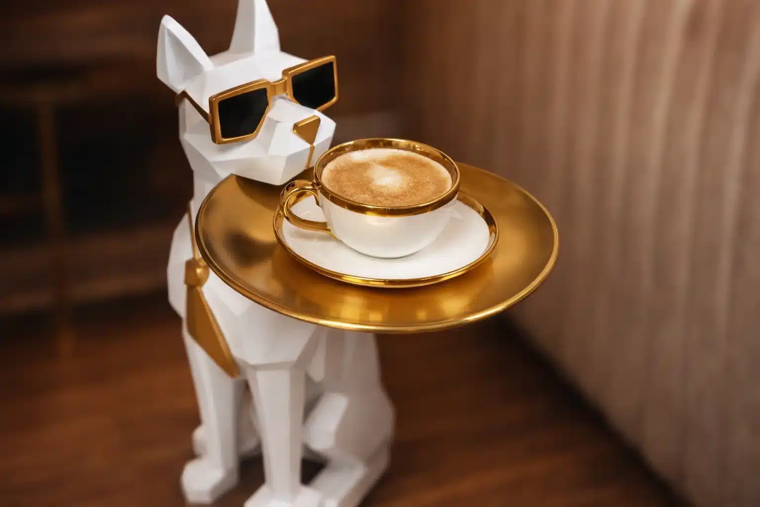 White dog statue wearing sunglasses holds a gold tray with coffee.